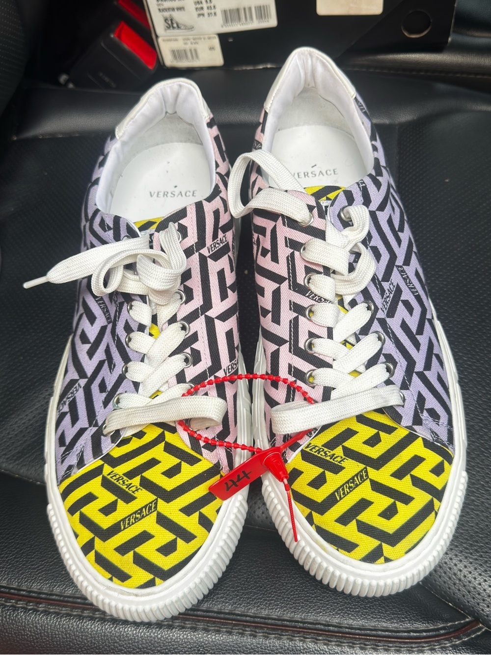 Versace Pink Lavender and Yellow Geometric Lace-Up Sneakers